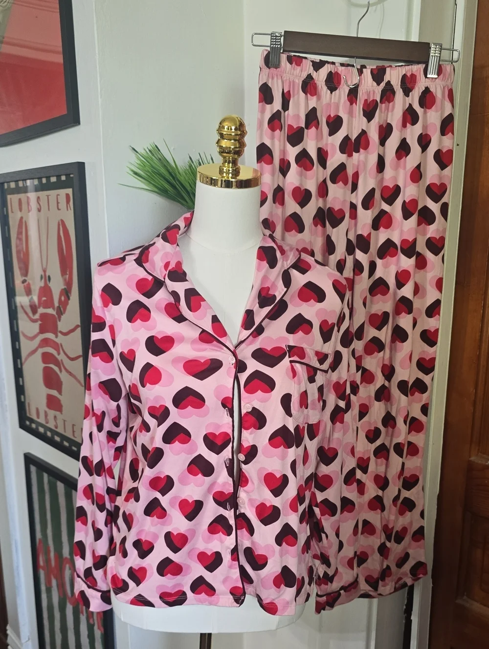 kate spade Pink & Red Heart Print  Pajama Set Small